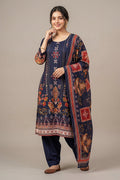 Navy Floral Printed Cotton Suit Set for Women - The House of Indu