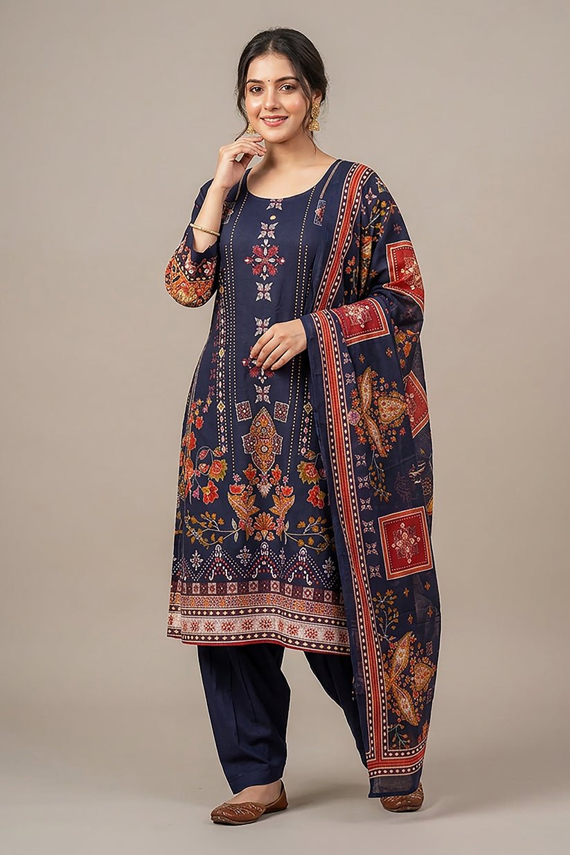 Navy Floral Printed Cotton Suit Set for Women - The House of Indu