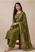 Olive Green Cotton Kurta Set with Dupatta for Women - The House of Indu