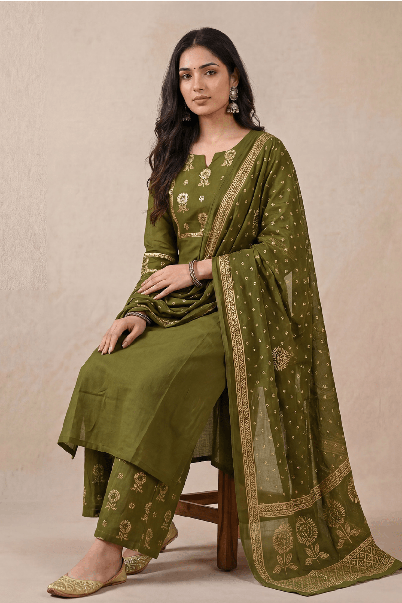 Olive Green Cotton Kurta Set with Dupatta for Women - The House of Indu
