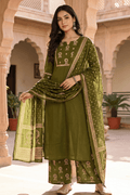 Olive Green Cotton Kurta Set with Dupatta for Women - The House of Indu