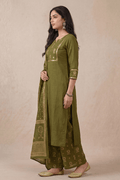 Olive Green Cotton Kurta Set with Dupatta for Women - The House of Indu