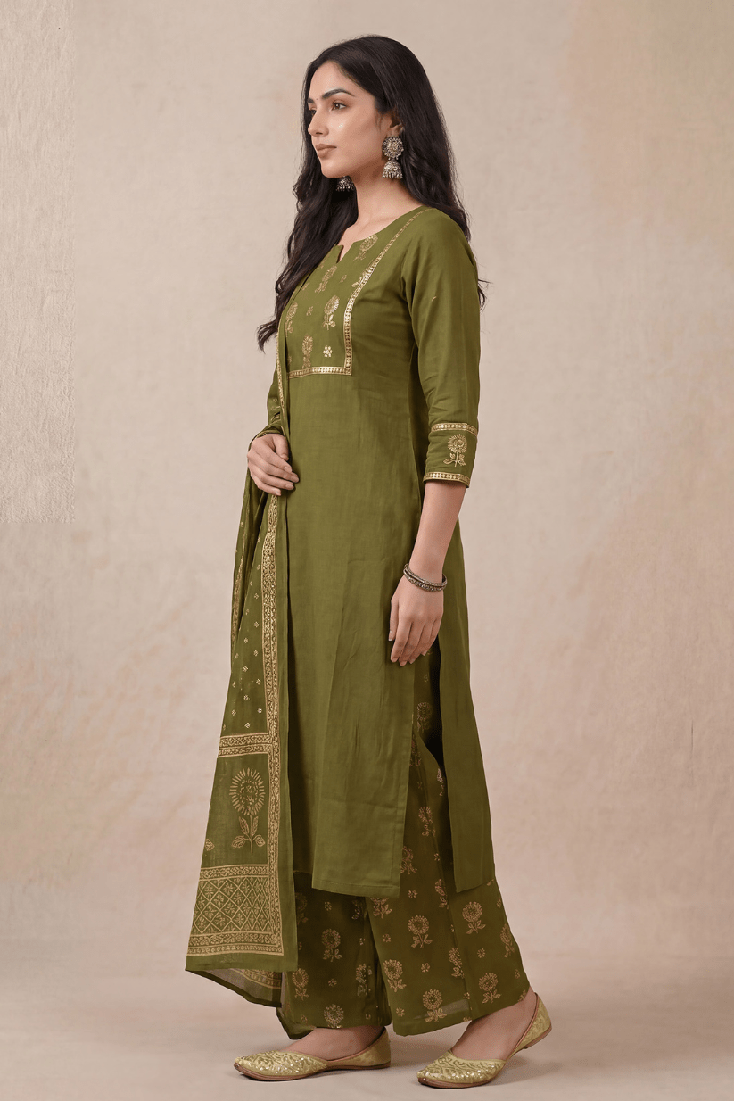 Olive Green Cotton Kurta Set with Dupatta for Women - The House of Indu