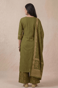 Olive Green Cotton Kurta Set with Dupatta for Women - The House of Indu