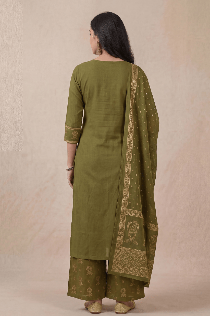 Olive Green Cotton Kurta Set with Dupatta for Women - The House of Indu