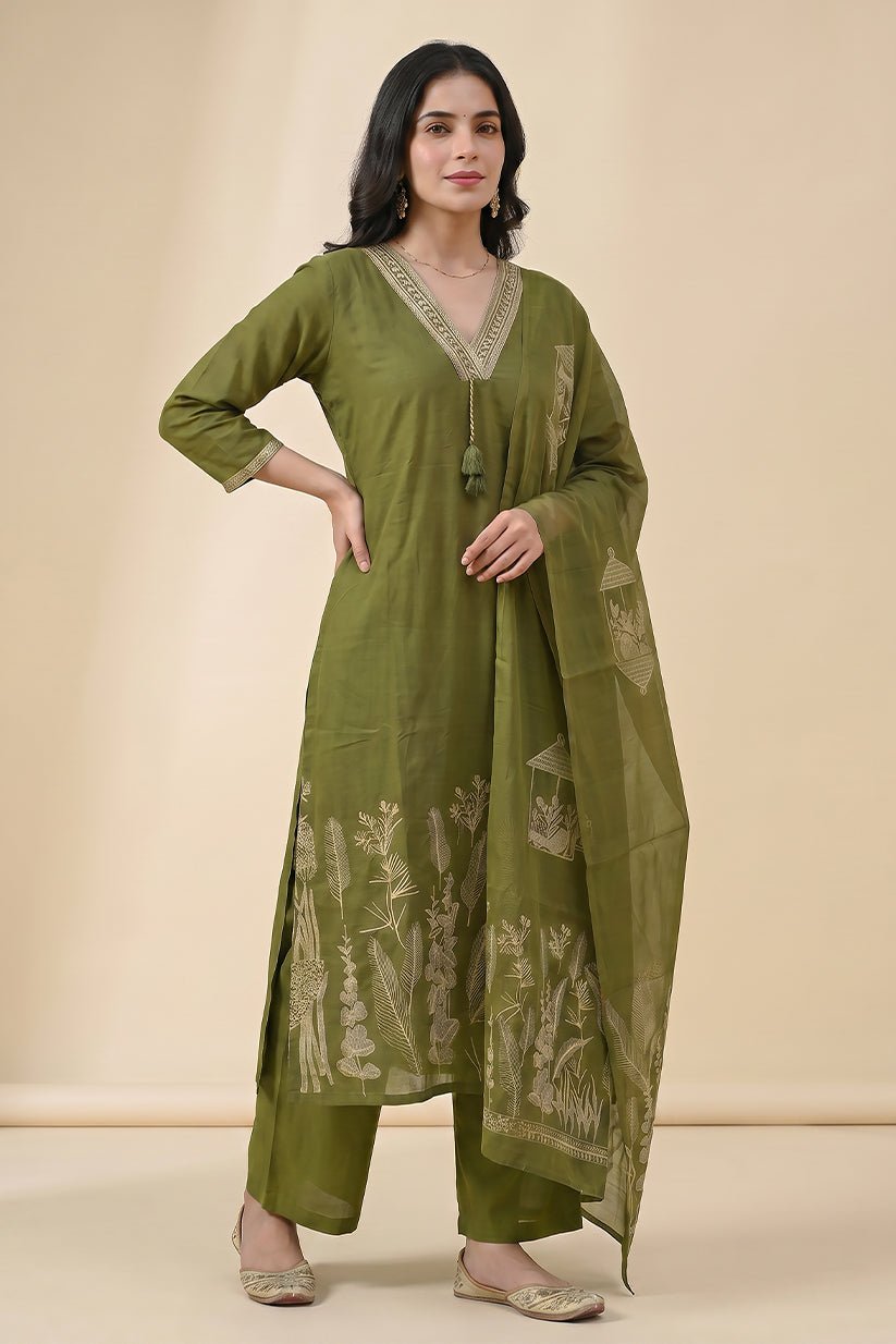 Olive Green Cotton Suit Set with Printed Dupatta for Women - The House of Indu