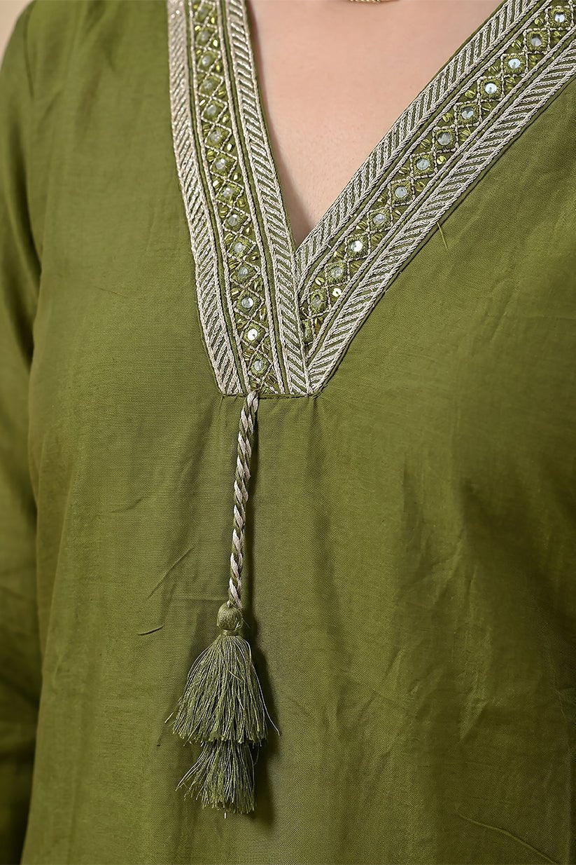 Olive Green Cotton Suit Set with Printed Dupatta for Women - The House of Indu