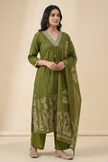 Olive Green Cotton Suit Set with Printed Dupatta for Women - The House of Indu