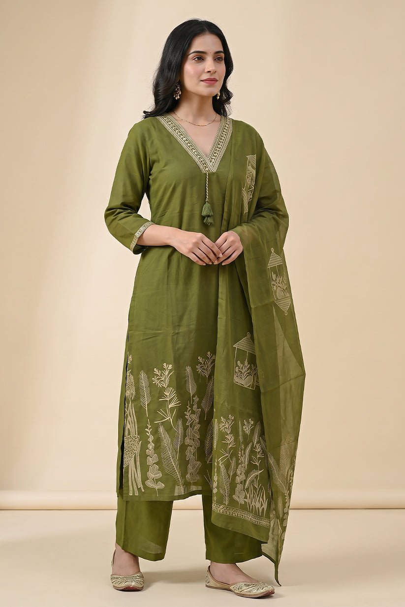 Olive Green Cotton Suit Set with Printed Dupatta for Women - The House of Indu