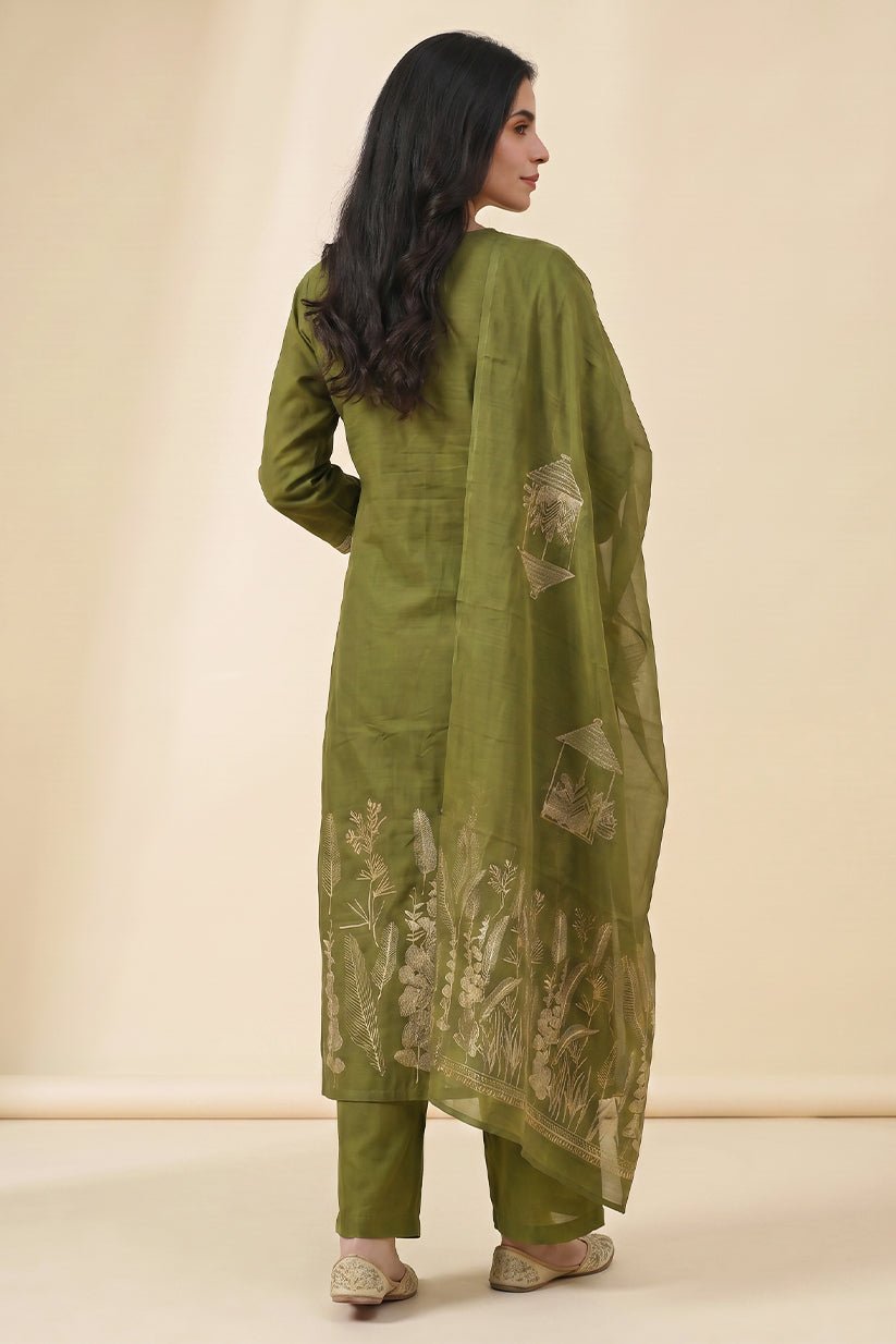 Olive Green Cotton Suit Set with Printed Dupatta for Women - The House of Indu