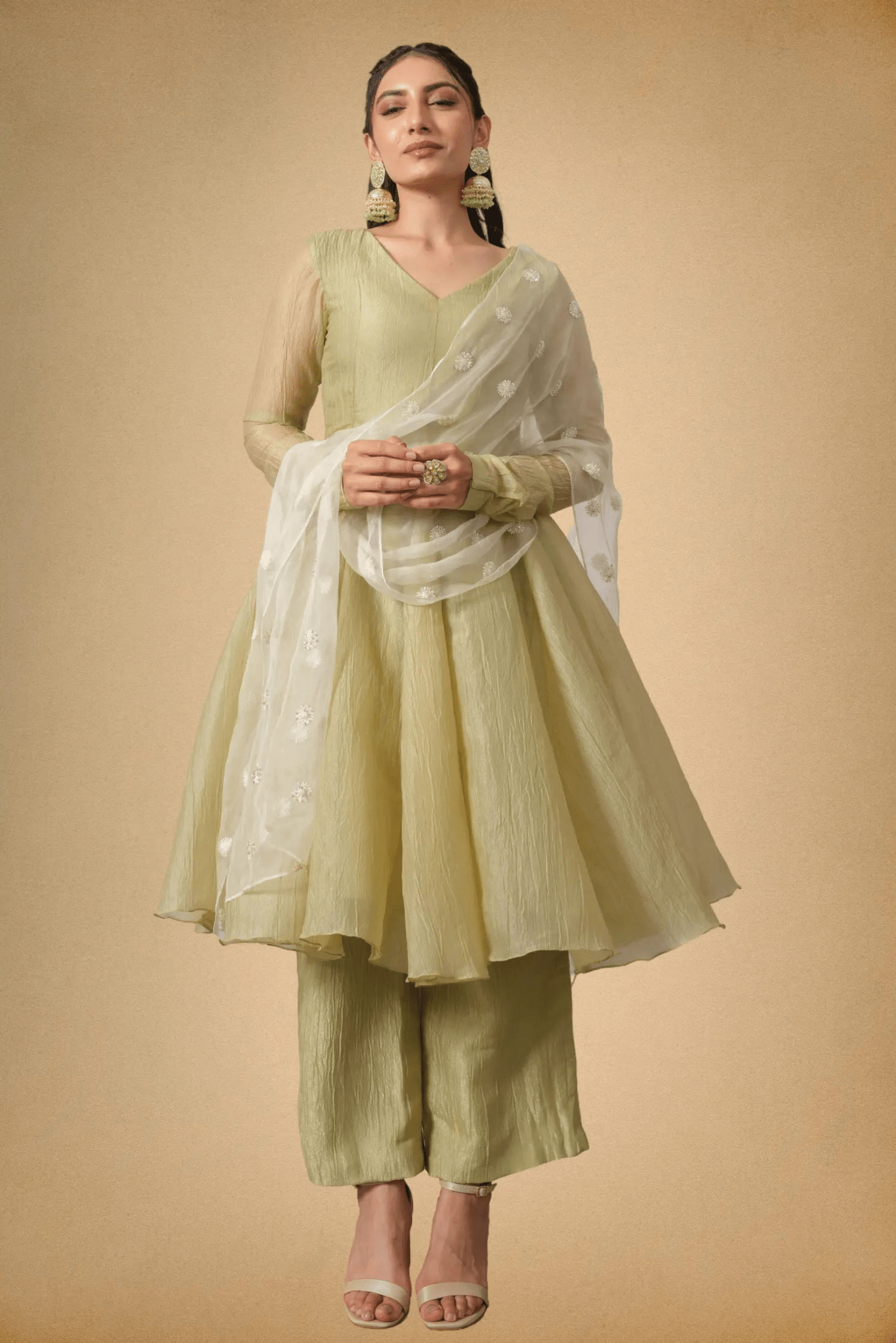 Olive Green Crushed Tissue Ethnic Suit for Women - The House of Indu