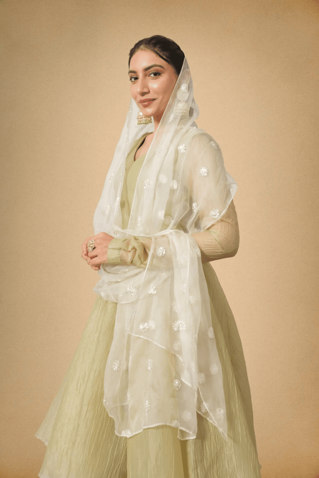 Olive Green Crushed Tissue Ethnic Suit for Women - The House of Indu