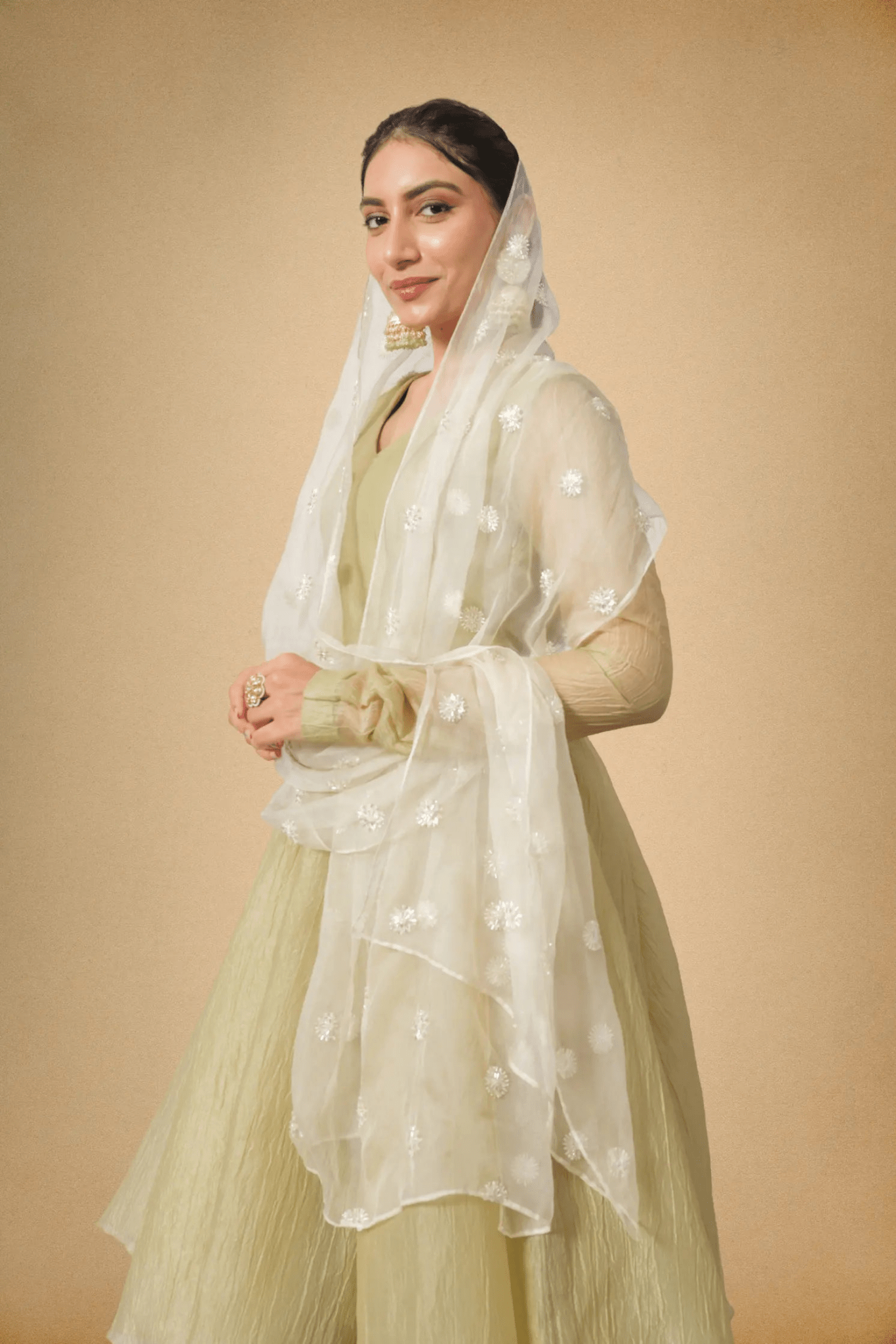 Olive Green Crushed Tissue Ethnic Suit for Women - The House of Indu