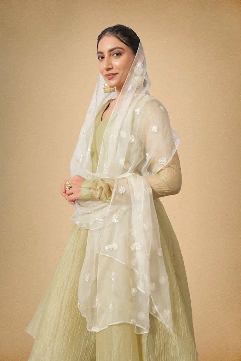 Olive Green Crushed Tissue Ethnic Suit for Women - The House of Indu