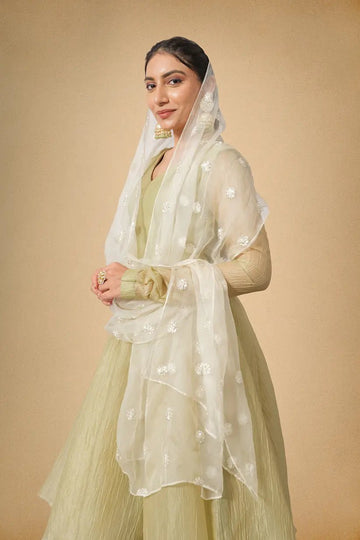 Olive Green Crushed Tissue Ethnic Suit for Women - The House of Indu