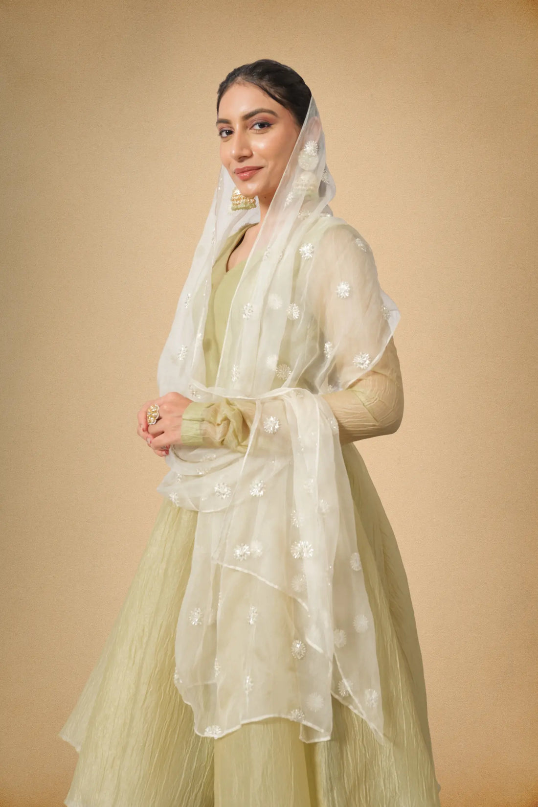 Olive green crushed tissue suit set with dupatta side view