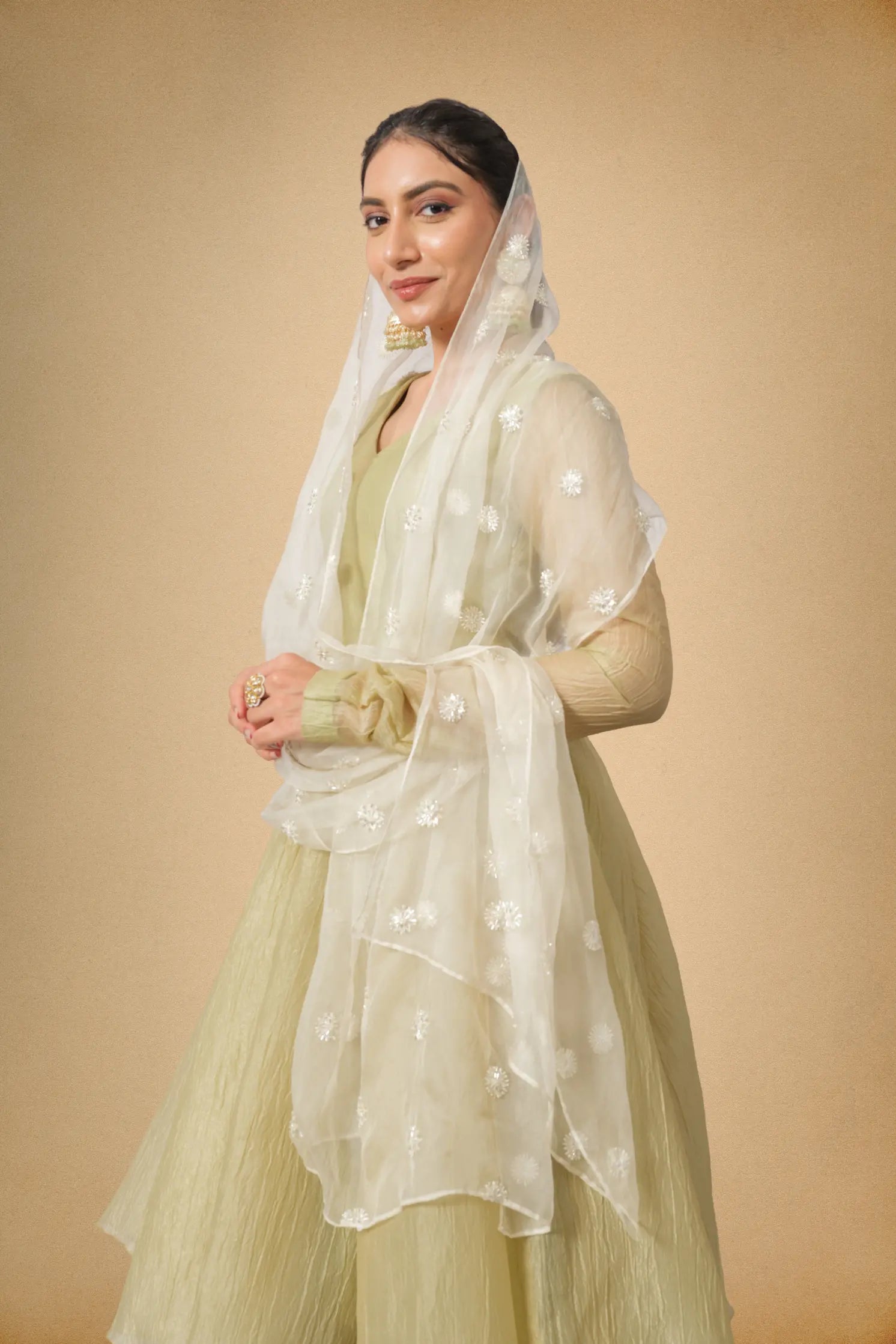 Olive green crushed tissue suit set with dupatta side view