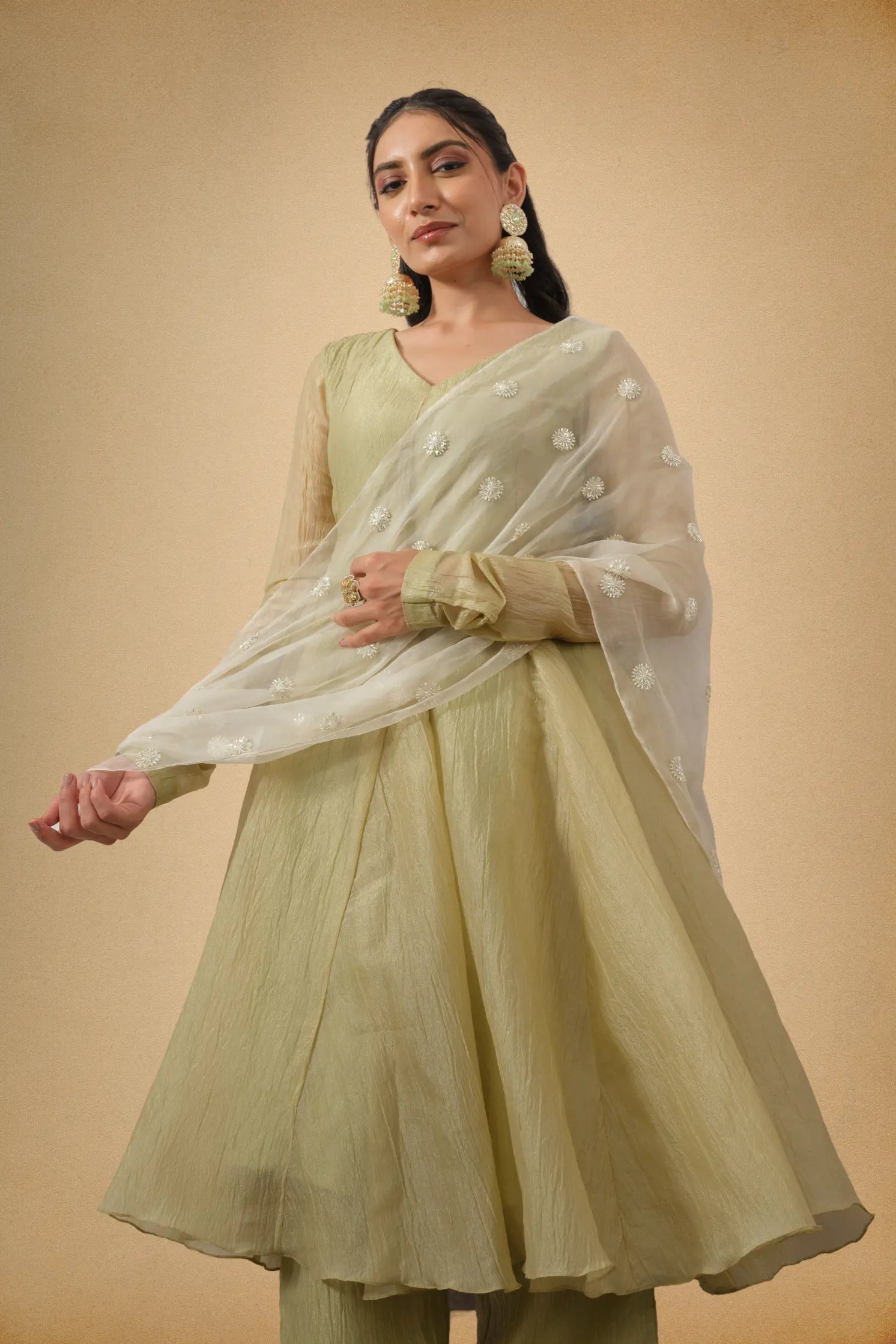 Olive green designer ethnic suit with embellished dupatta