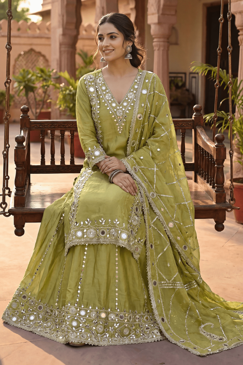 Olive Green Embroidered Kurta Palazzo Set with Dupatta for Women - The House of Indu
