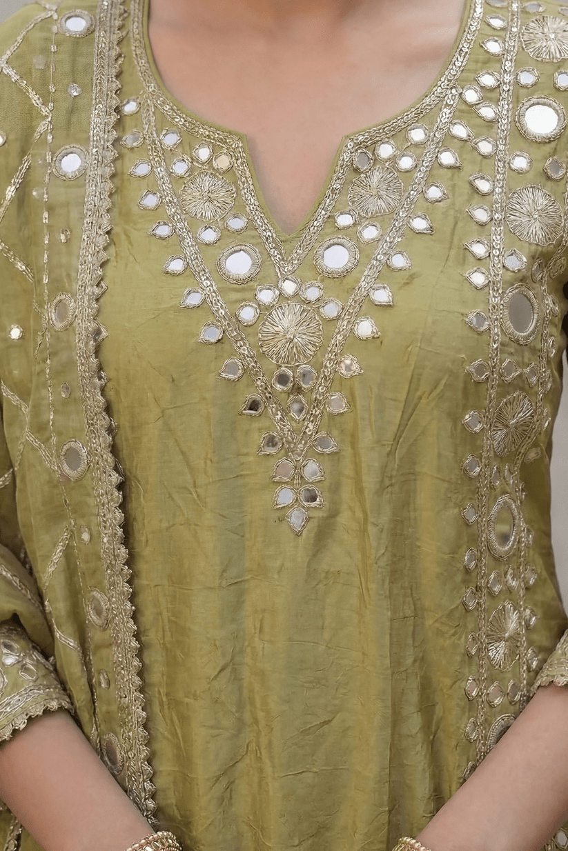 Olive Green Embroidered Kurta Palazzo Set with Dupatta for Women - The House of Indu