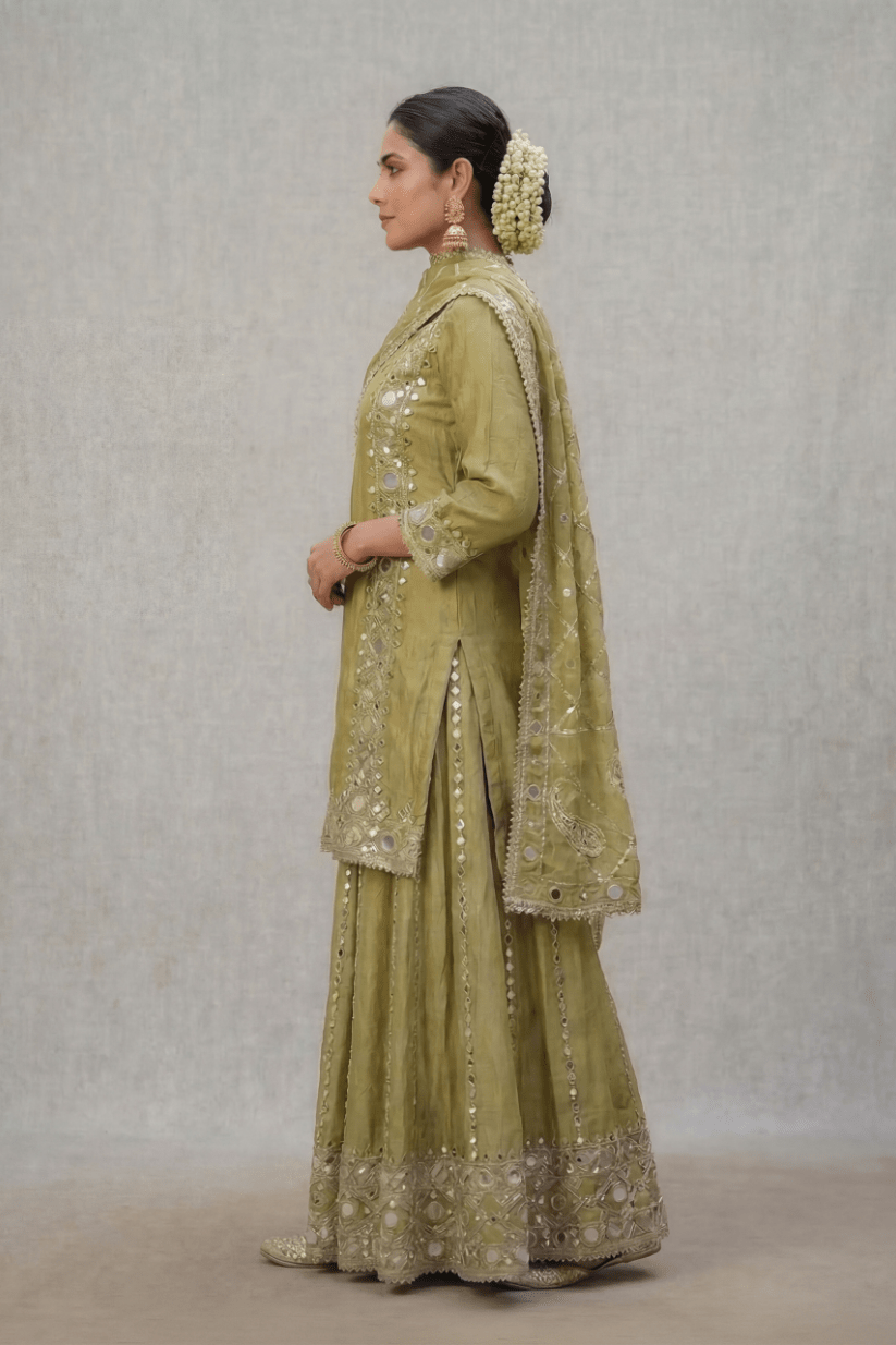 Olive Green Embroidered Kurta Palazzo Set with Dupatta for Women - The House of Indu