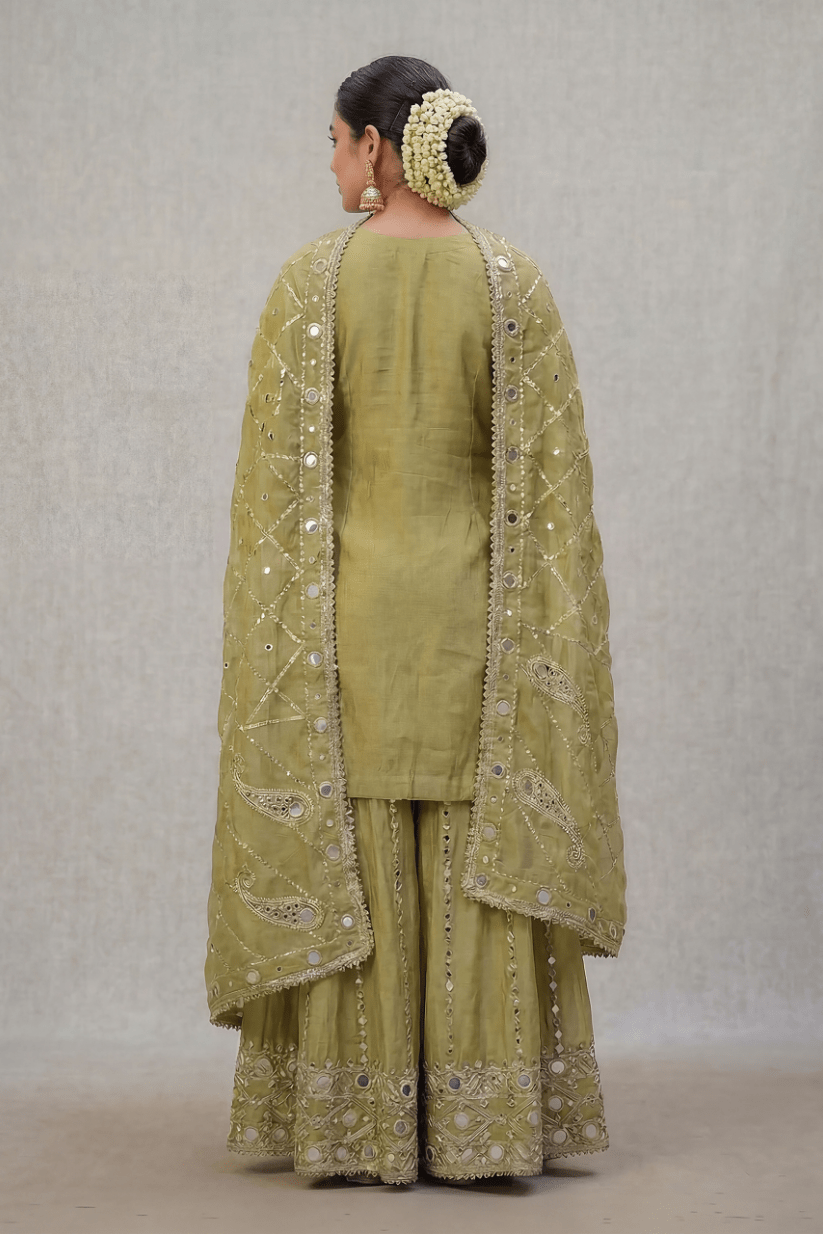Olive Green Embroidered Kurta Palazzo Set with Dupatta for Women - The House of Indu