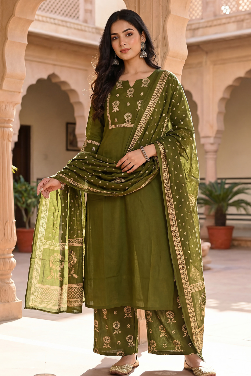 Woman wearing olive green embroidered cotton kurta set with printed palazzo pants and dupatta for festive ethnic wear