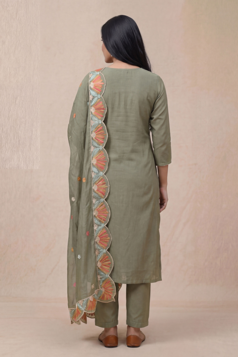 Back view of olive green embroidered kurta set with multicolor floral dupatta