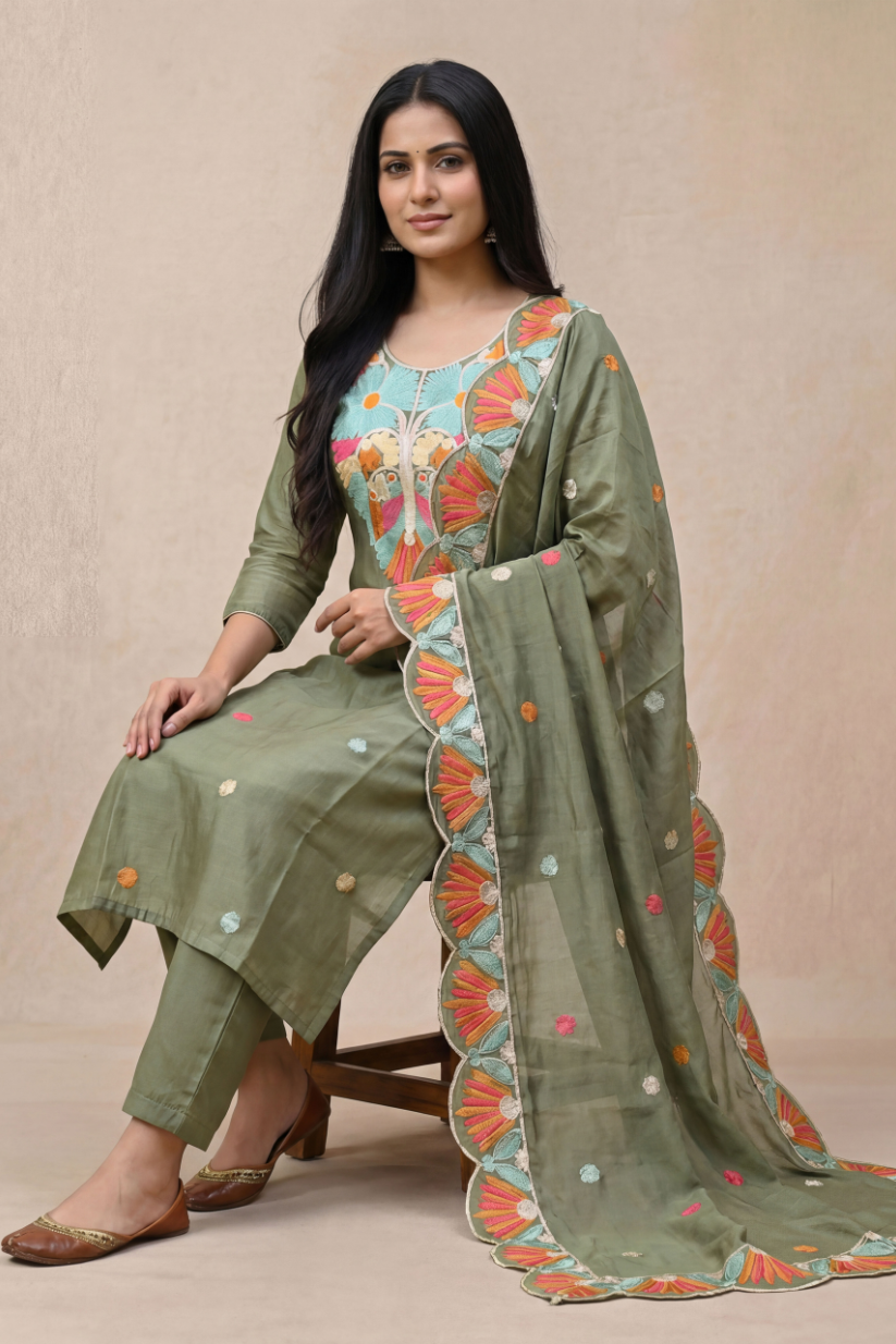 Woman wearing olive green embroidered kurta set with multicolor floral dupatta in elegant festive ethnic look