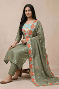 Olive Green Embroidered Kurta Set with Multicolor Floral Dupatta - The House of Indu