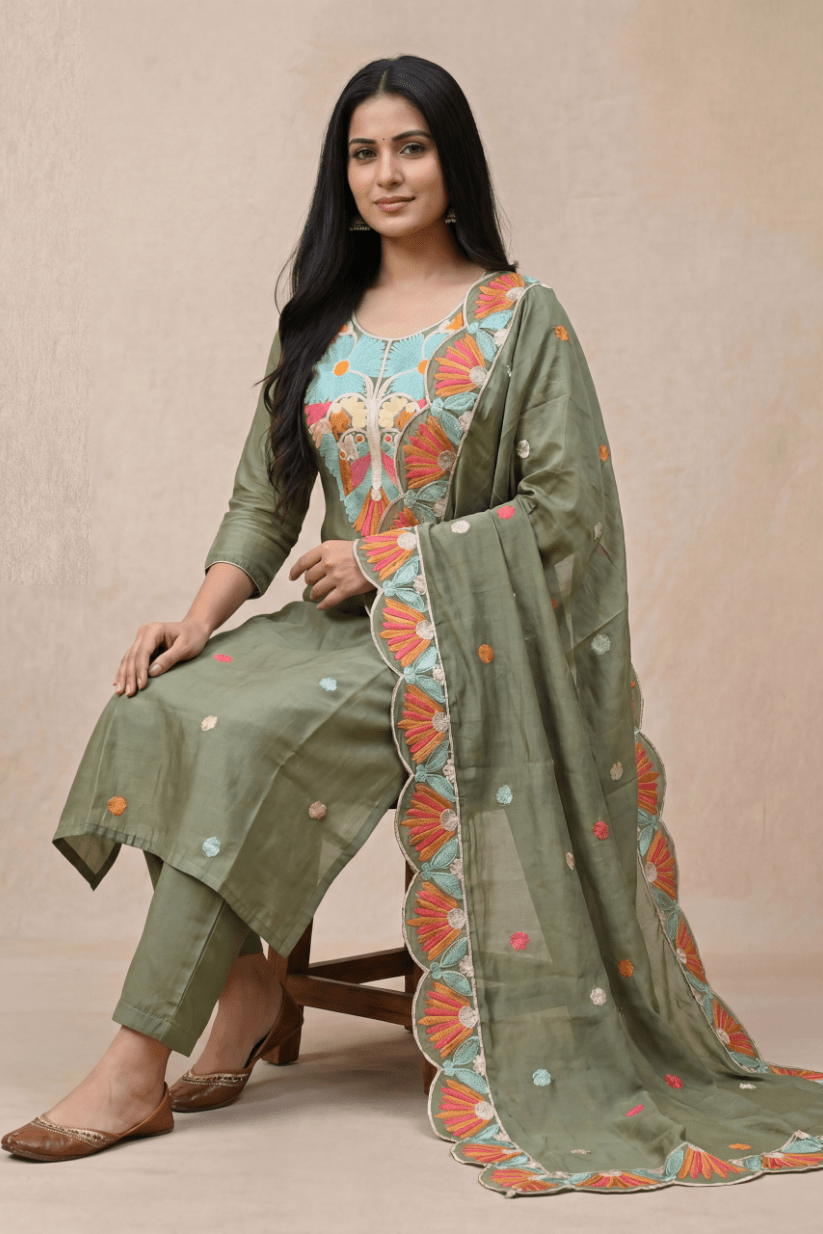 Olive Green Embroidered Kurta Set with Multicolor Floral Dupatta - The House of Indu