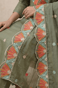 Olive Green Embroidered Kurta Set with Multicolor Floral Dupatta - The House of Indu