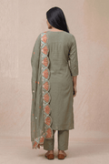Olive Green Embroidered Kurta Set with Multicolor Floral Dupatta - The House of Indu