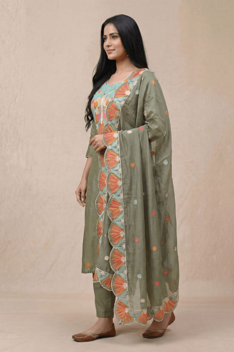 Olive Green Embroidered Kurta Set with Multicolor Floral Dupatta - The House of Indu