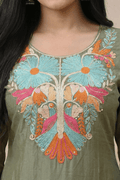 Olive Green Embroidered Kurta Set with Multicolor Floral Dupatta - The House of Indu