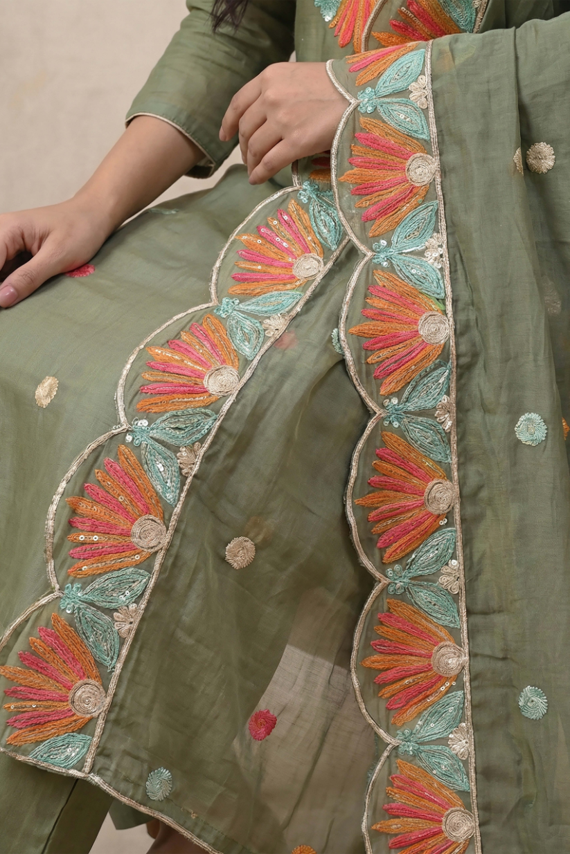 Detailed multicolor floral embroidery on olive green ethnic dupatta border