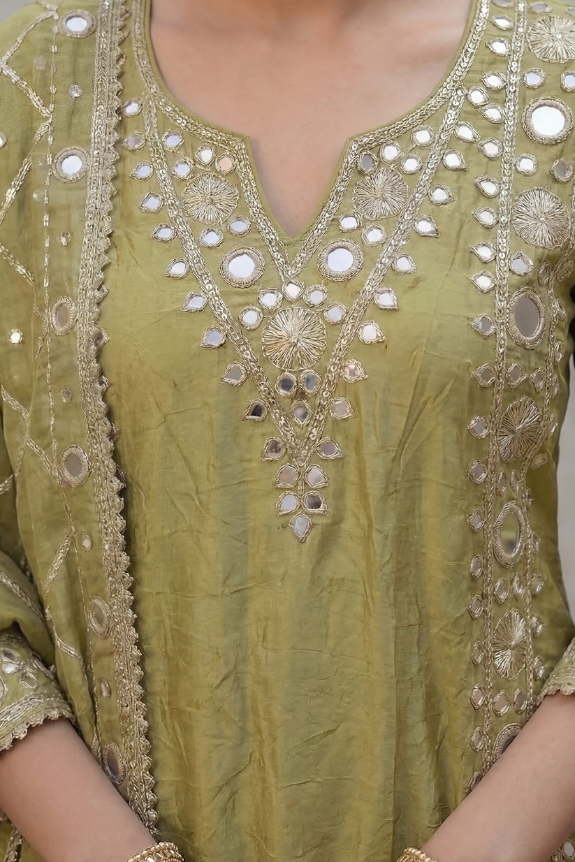 Women olive green embroidered kurta palazzo set with dupatta front view