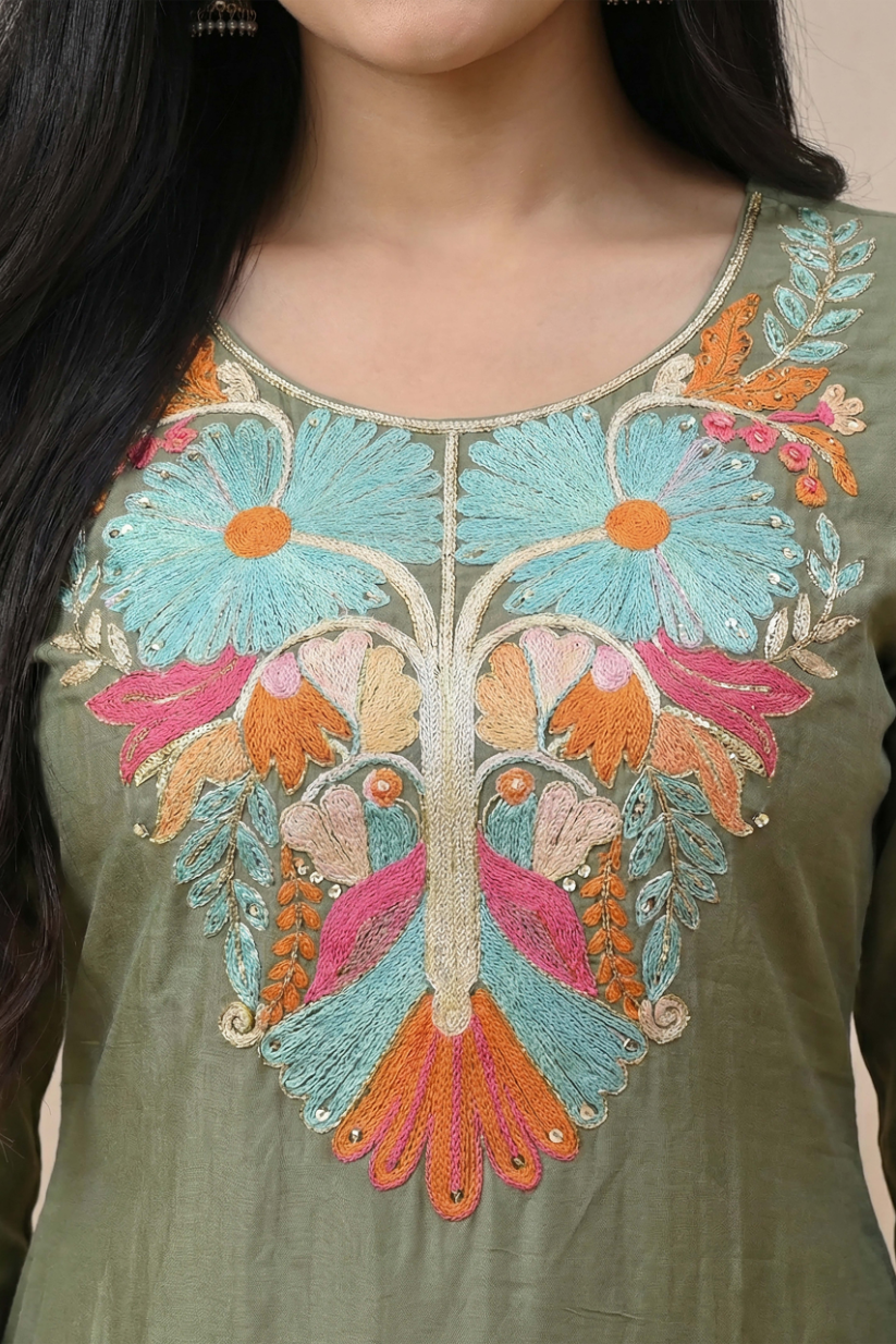 Close-up of multicolor floral embroidery on olive green ethnic kurta neckline