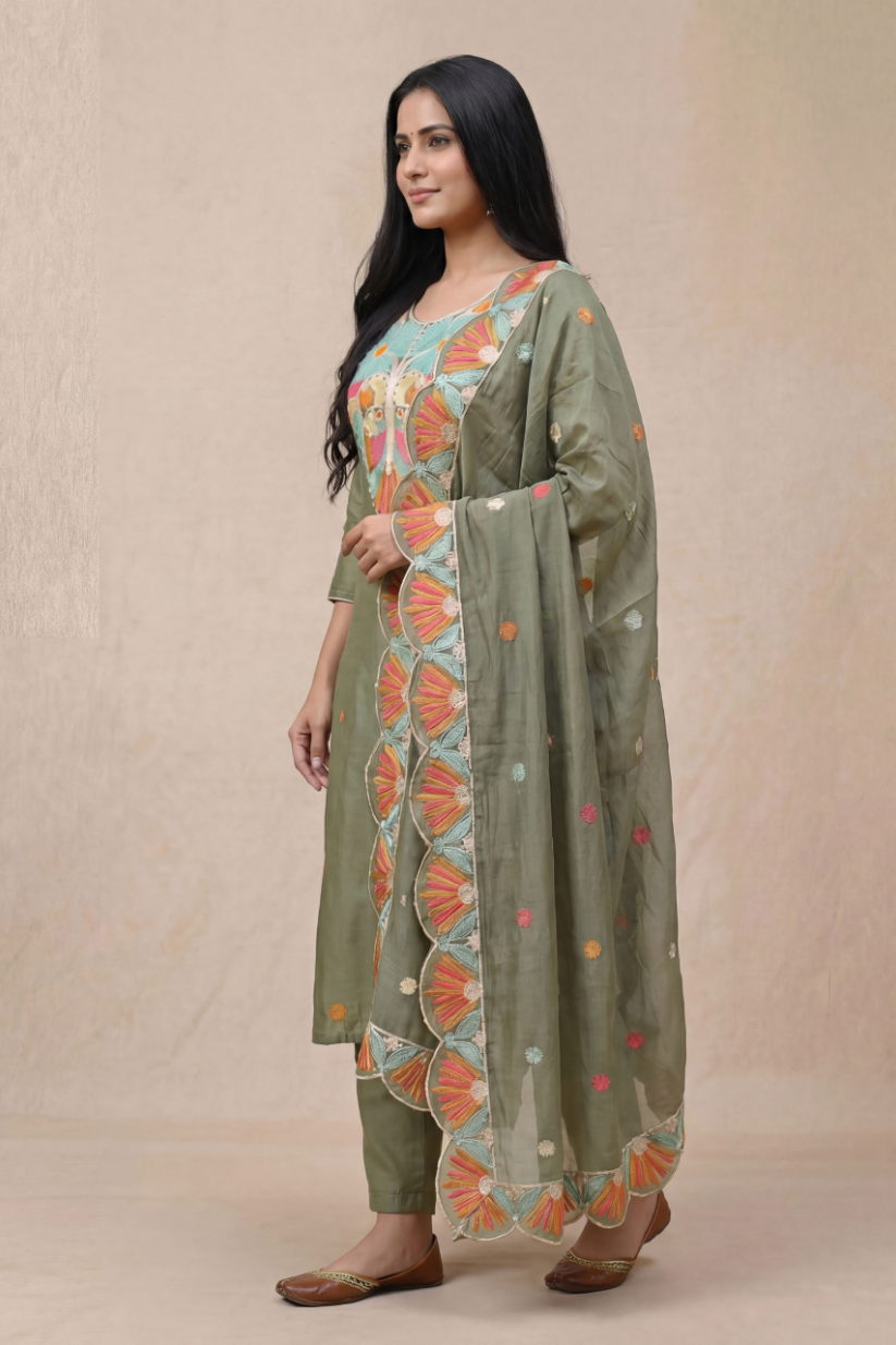 Side view of olive green embroidered kurta set with floral dupatta for women