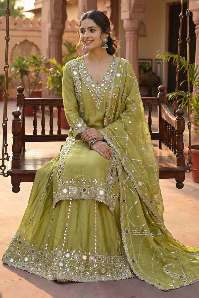 Women olive green embroidered kurta palazzo set with dupatta front view