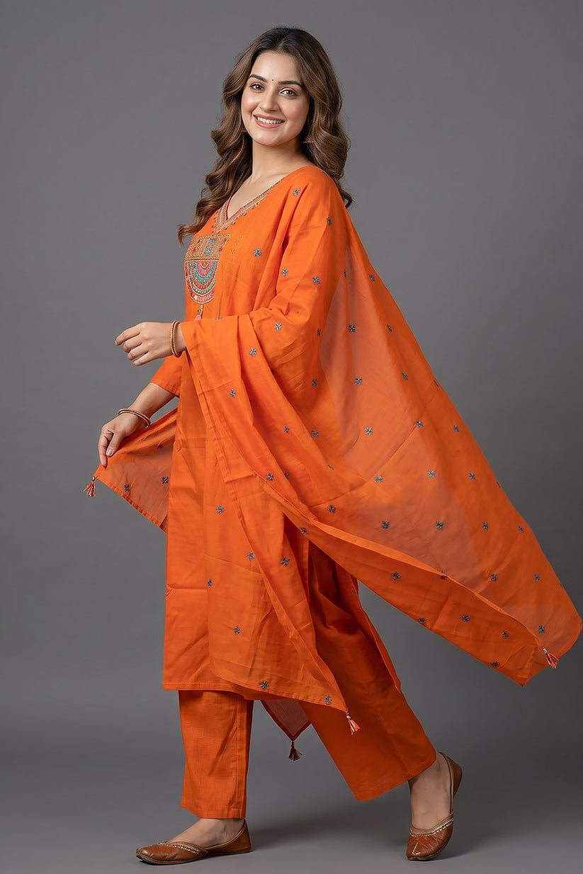 Orange Embroidered Cotton Straight Kurta Set with Dupatta - The House of Indu