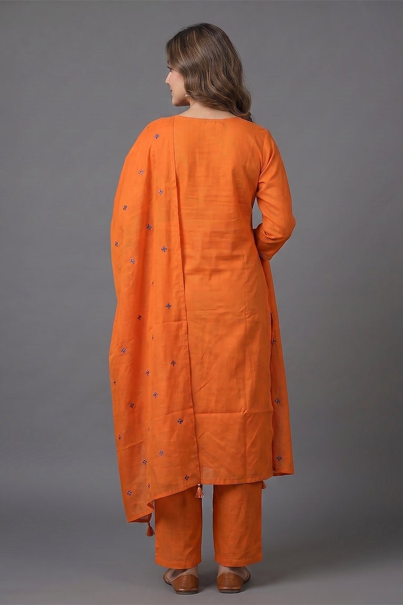 Orange Embroidered Cotton Straight Kurta Set with Dupatta - The House of Indu