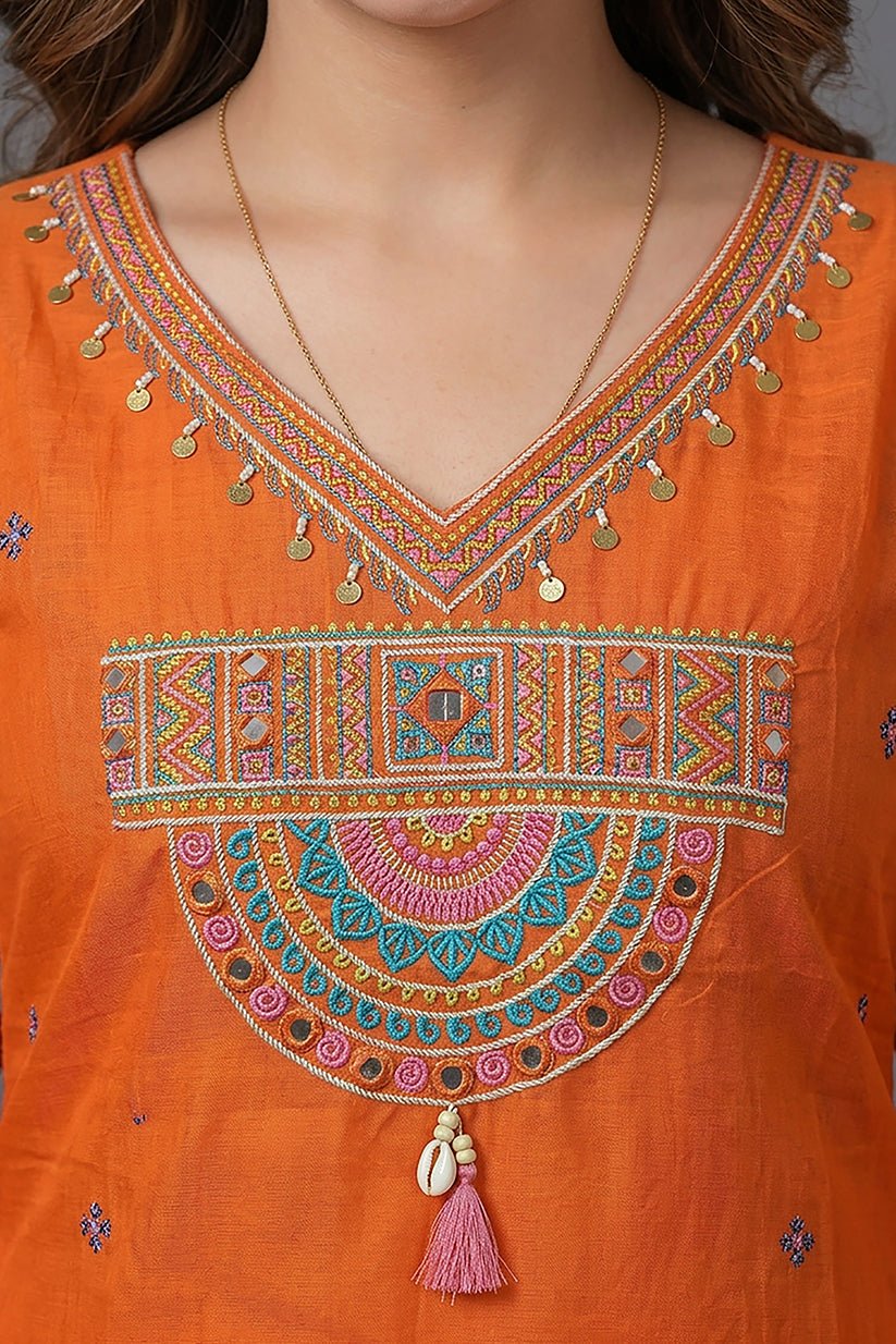 Orange Embroidered Cotton Straight Kurta Set with Dupatta - The House of Indu