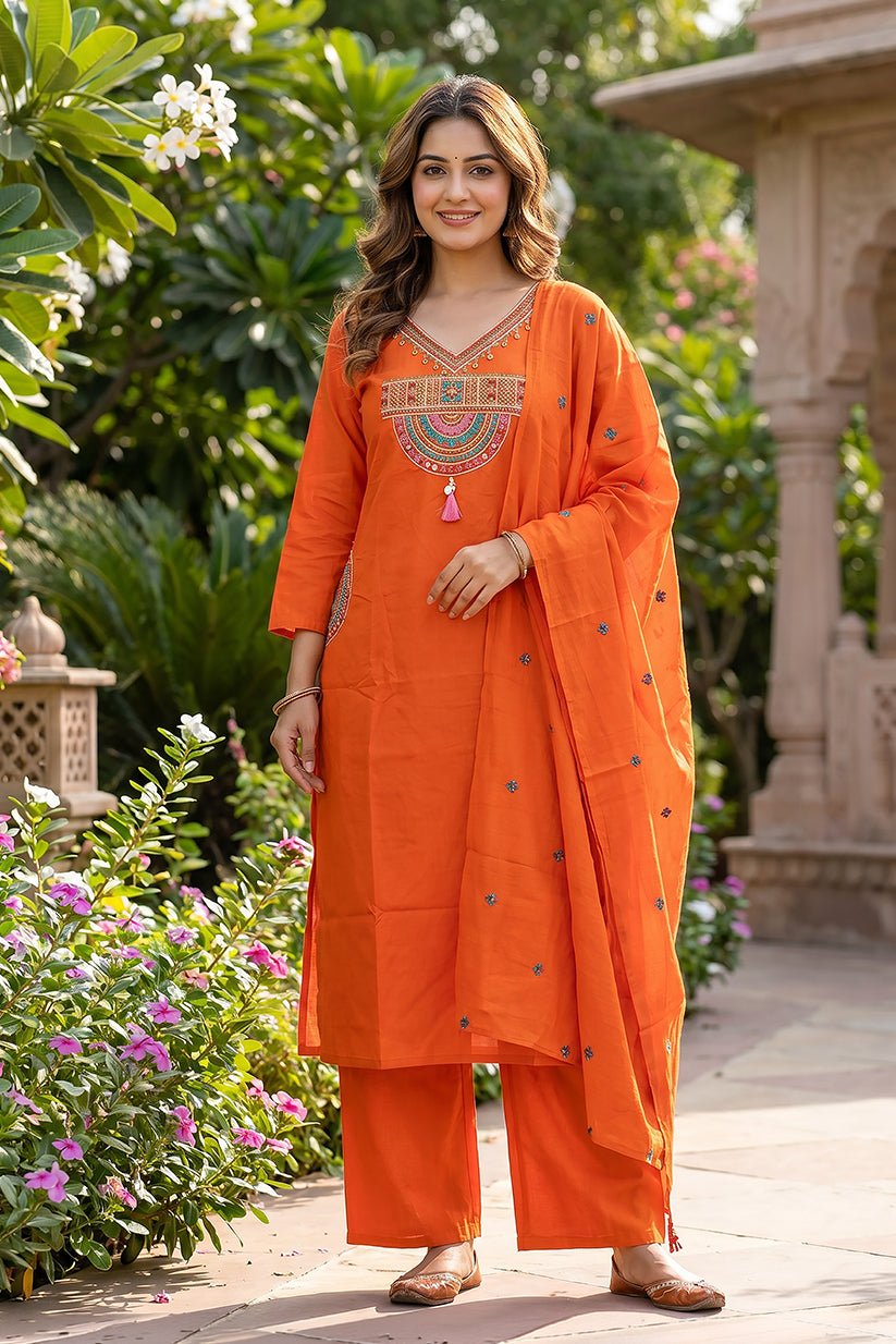 Orange Embroidered Cotton Straight Kurta Set with Dupatta - The House of Indu