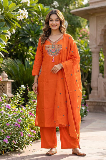 Orange Embroidered Cotton Straight Kurta Set with Dupatta - The House of Indu
