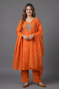 Orange Embroidered Cotton Straight Kurta Set with Dupatta - The House of Indu