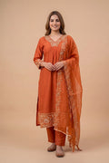 Orange Embroidered Straight Kurta Pant Dupatta Set for Women - The House of Indu