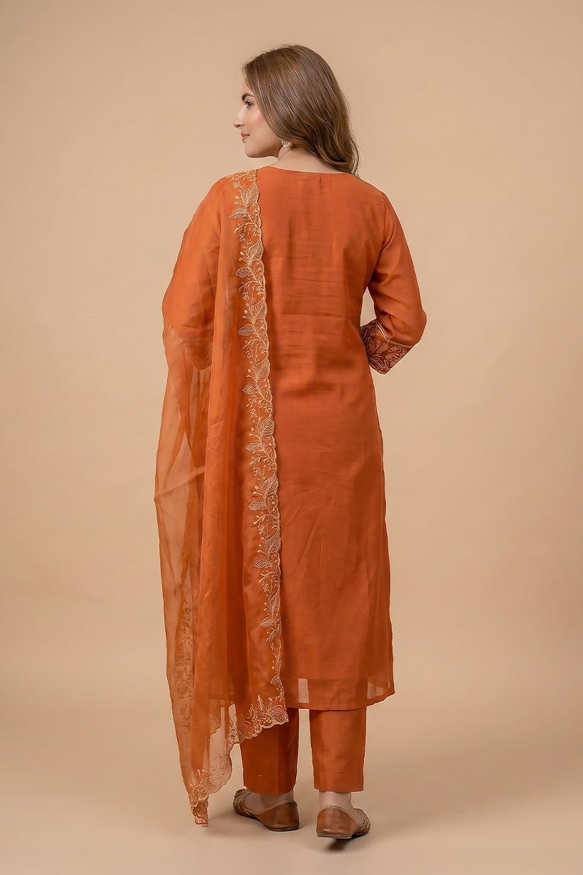 Orange Embroidered Straight Kurta Pant Dupatta Set for Women - The House of Indu