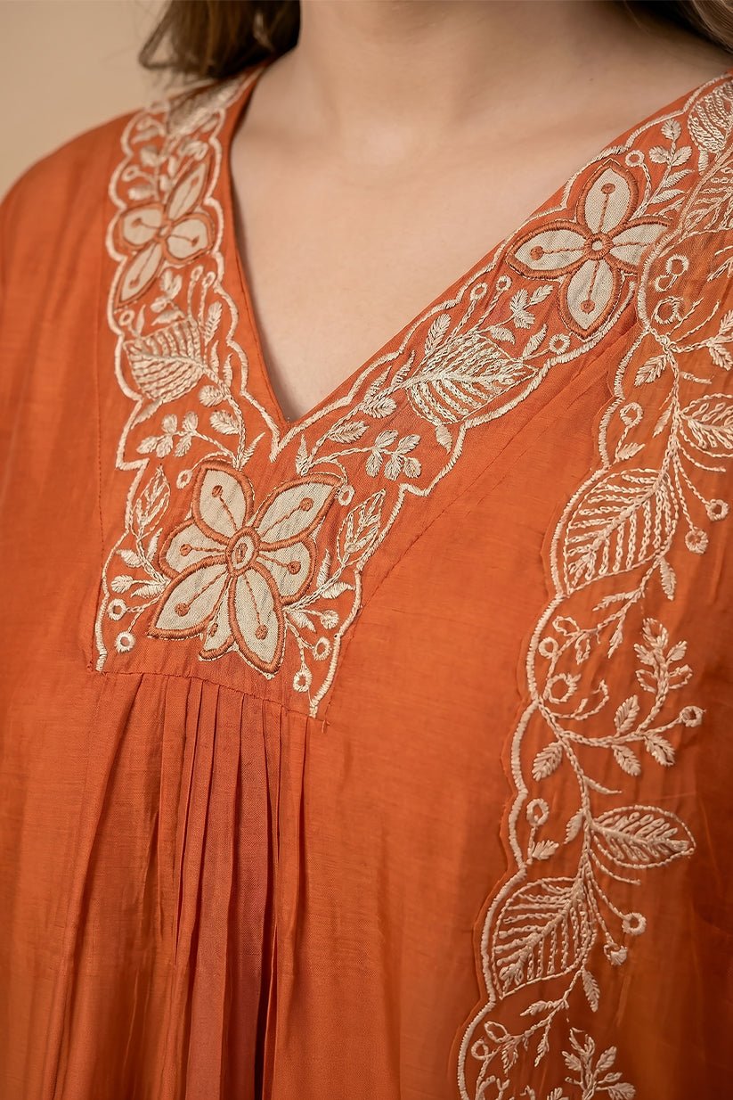 Orange Embroidered Straight Kurta Pant Dupatta Set for Women - The House of Indu