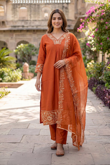 Orange Embroidered Straight Kurta Pant Dupatta Set for Women - The House of Indu